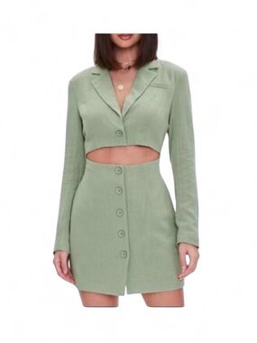Forever 21 Blazer Dress Sz M Sage Green Cutout Button Front Mini Linen Blend